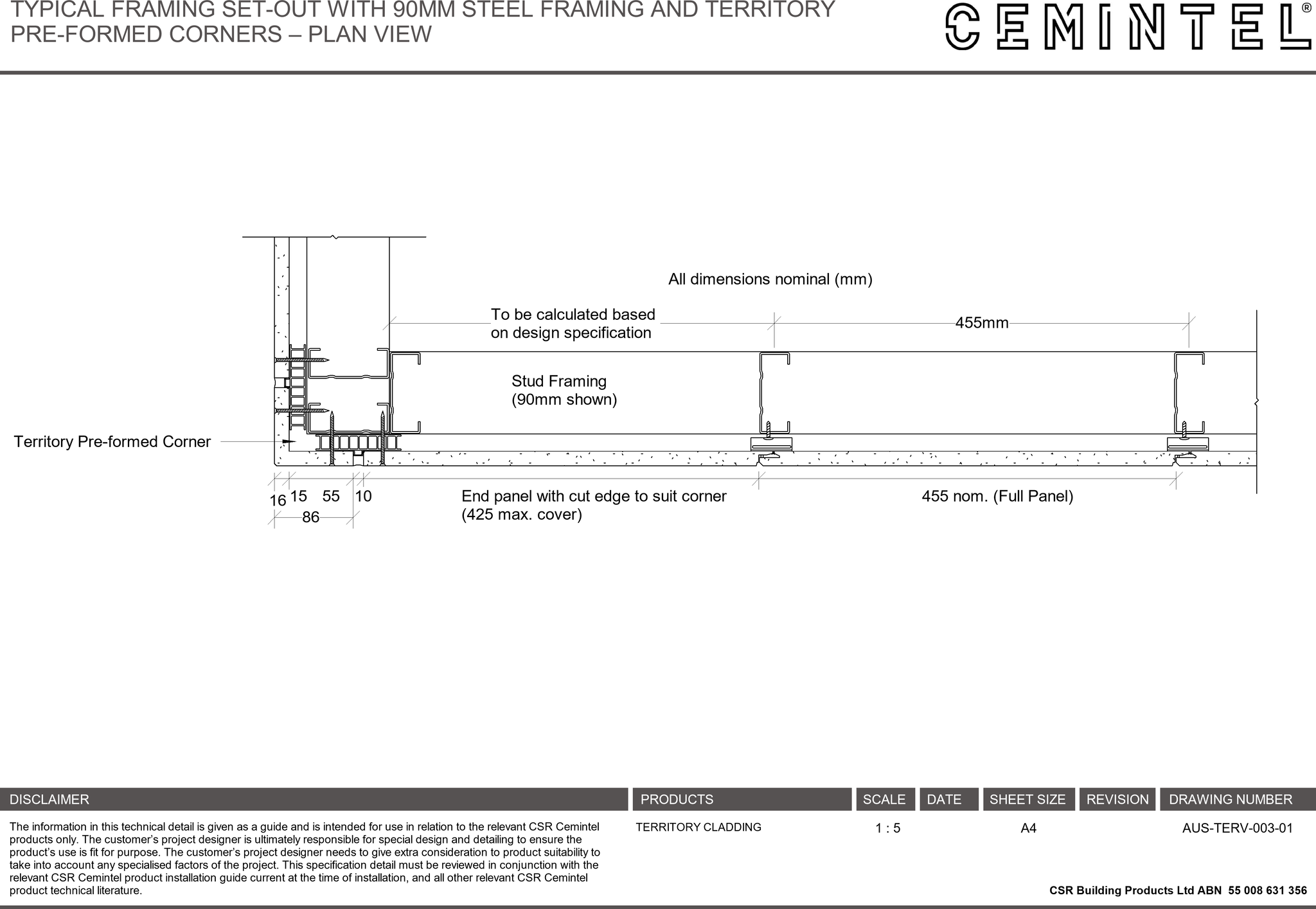 Navigate to AUS-TERV-003-01 - TYPICAL FRAMING SET-OUT WITH 90MM STEEL FRAMING AND TERRITORY PRE-FORMED CORNERS – PLAN VIEW