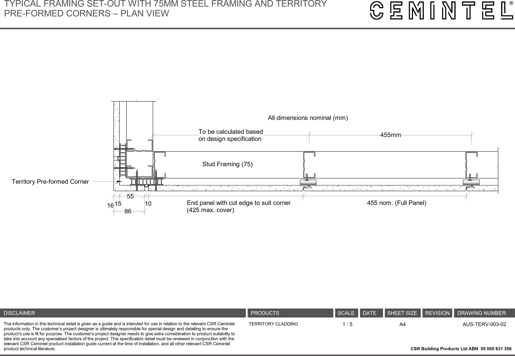Navigate to AUS-TERV-003-02 - TYPICAL FRAMING SET-OUT WITH 75MM STEEL FRAMING AND TERRITORY PRE-FORMED CORNERS – PLAN VIEW