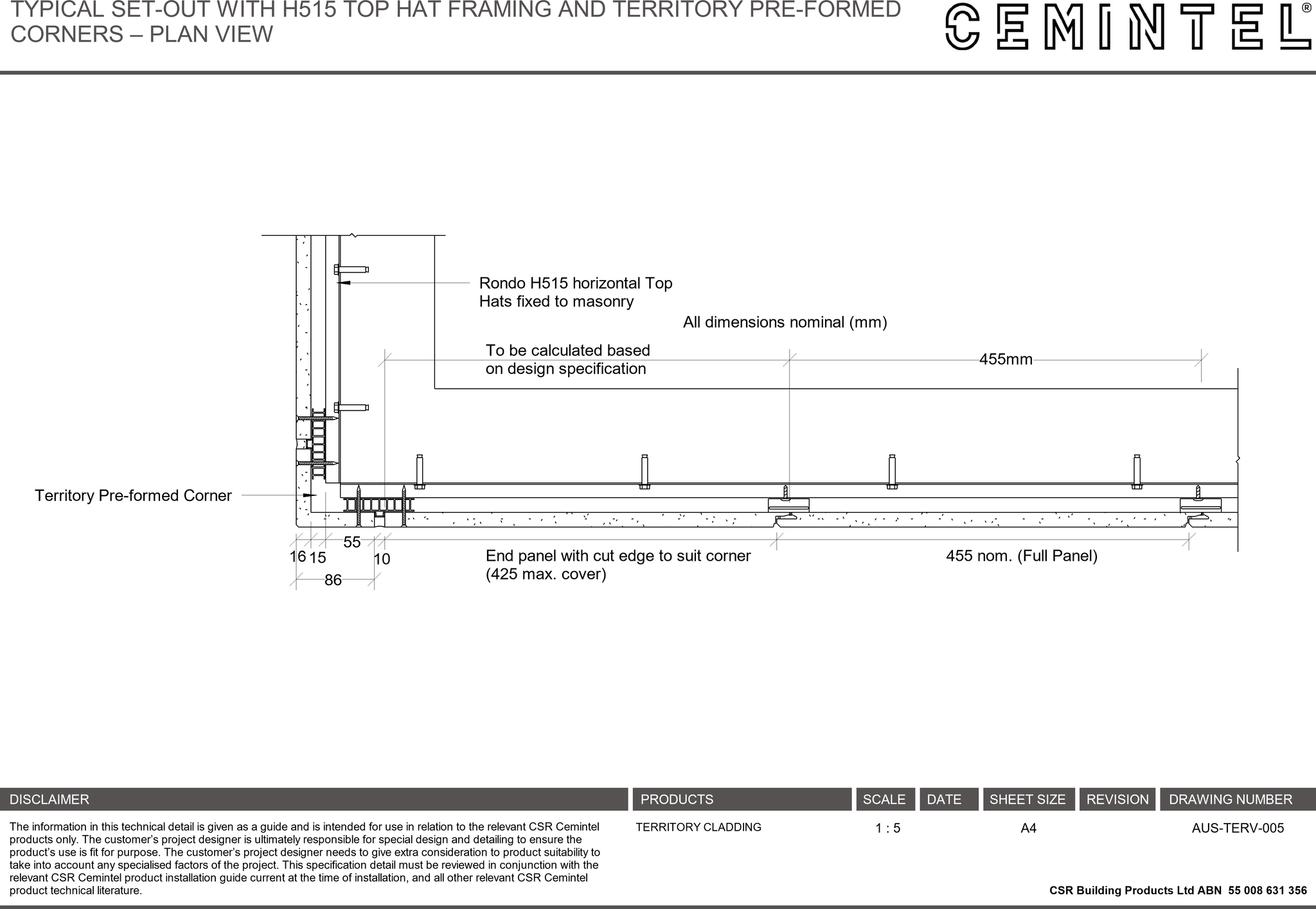 Navigate to AUS-TERV-005 - TYPICAL SET-OUT WITH H515 TOP HAT FRAMING AND TERRITORY PRE-FORMED CORNERS – PLAN VIEW