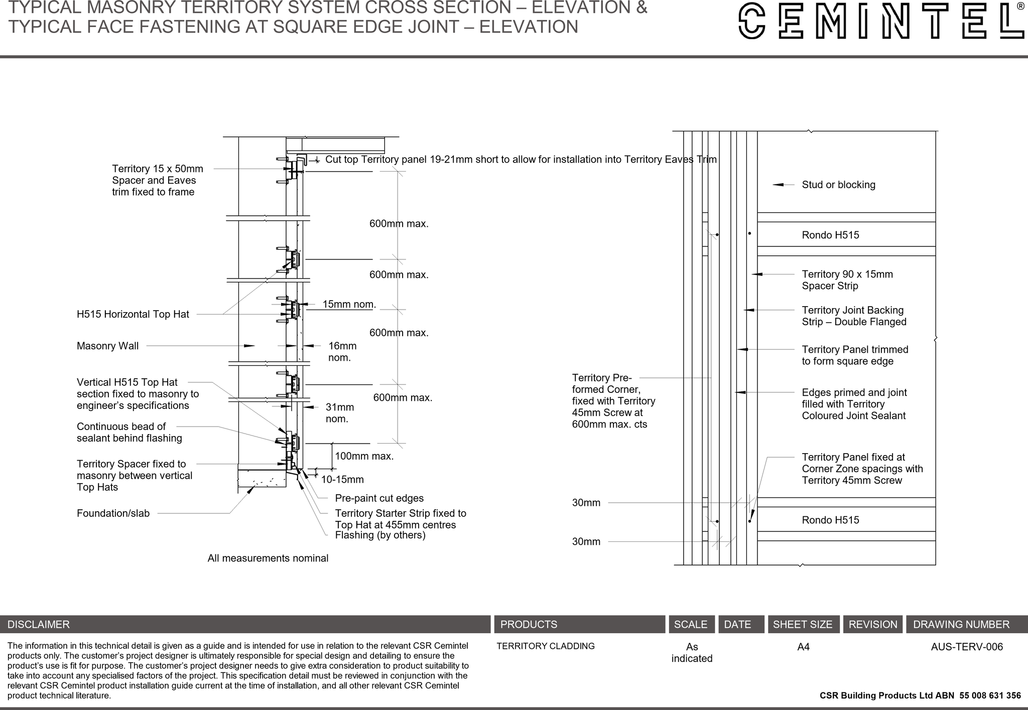 Navigate to AUS-TERV-006 - TYPICAL MASONRY TERRITORY SYSTEM CROSS SECTION – ELEVATION & TYPICAL FACE FASTENING AT SQUARE EDGE JOINT – ELEVATION