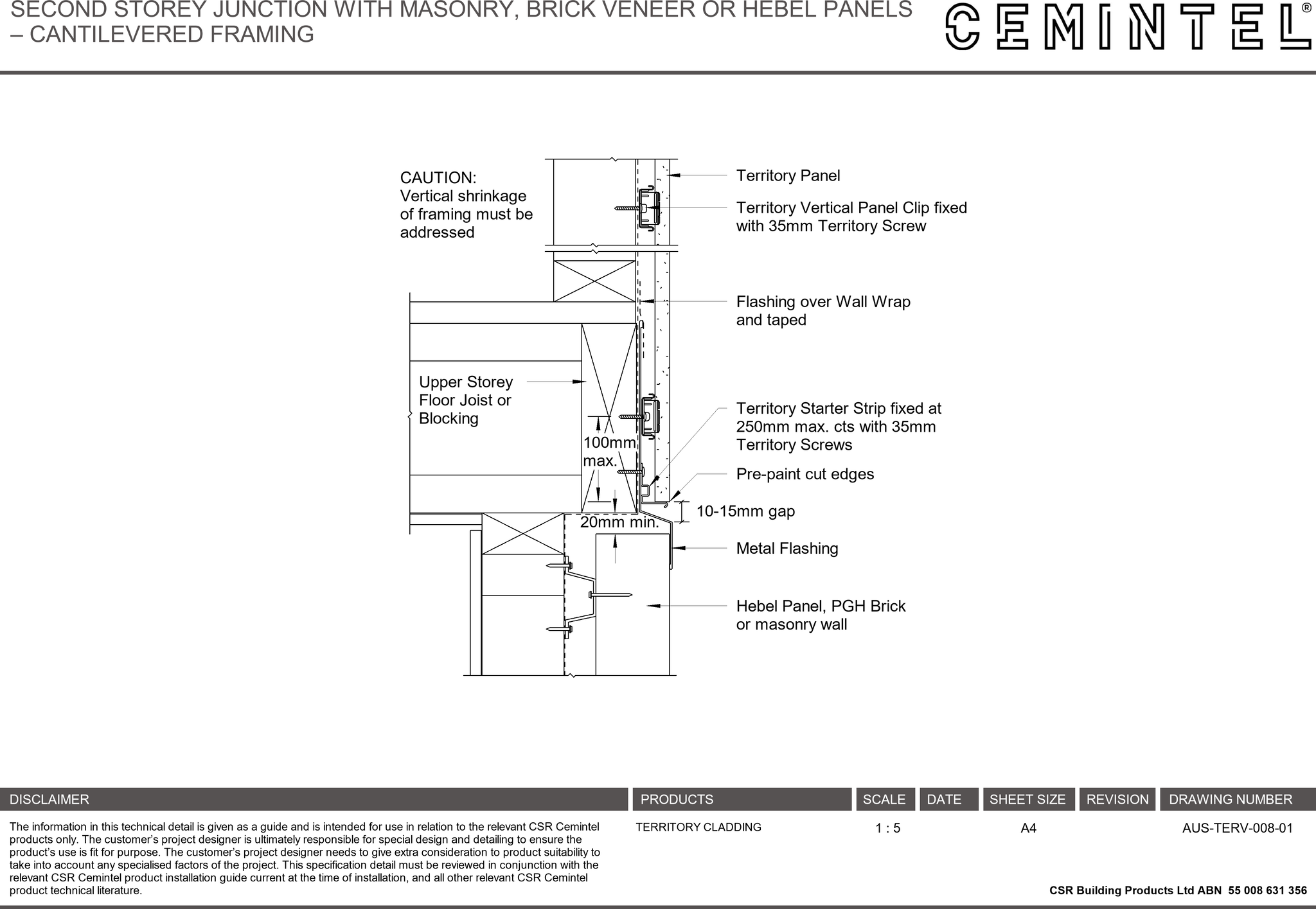 Navigate to AUS-TERV-008-01 - SECOND STOREY JUNCTION WITH MASONRY, BRICK VENEER OR HEBEL PANELS – CANTILEVERED FRAMING