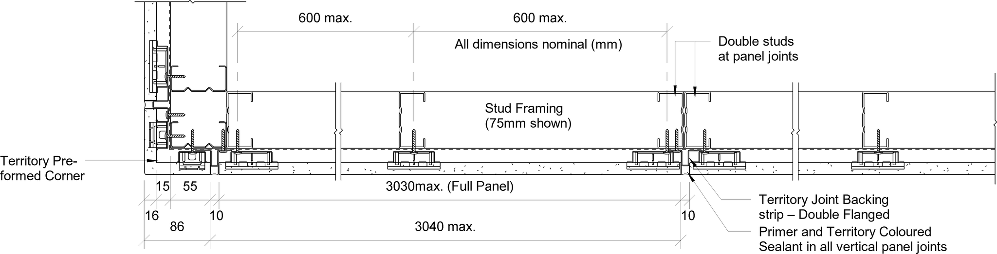 Navigate to Territory Horizontal - Typical Framing Set-Out with 75mm Steel Framing and Territory Pre-formed Corners – Plan View