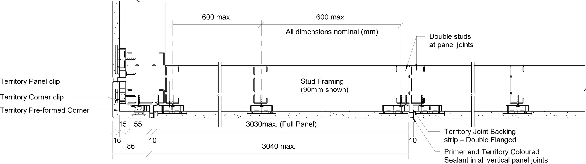 Navigate to Territory Horizontal - Typical Framing Set-Out with 90mm Steel Framing and Territory Pre-formed Corners – Plan View