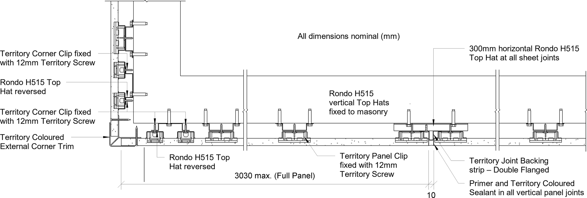 Navigate to Territory Horizontal - Typical Set-Out with H515 Top Hat Framing and Territory Aluminium Corners – Plan View