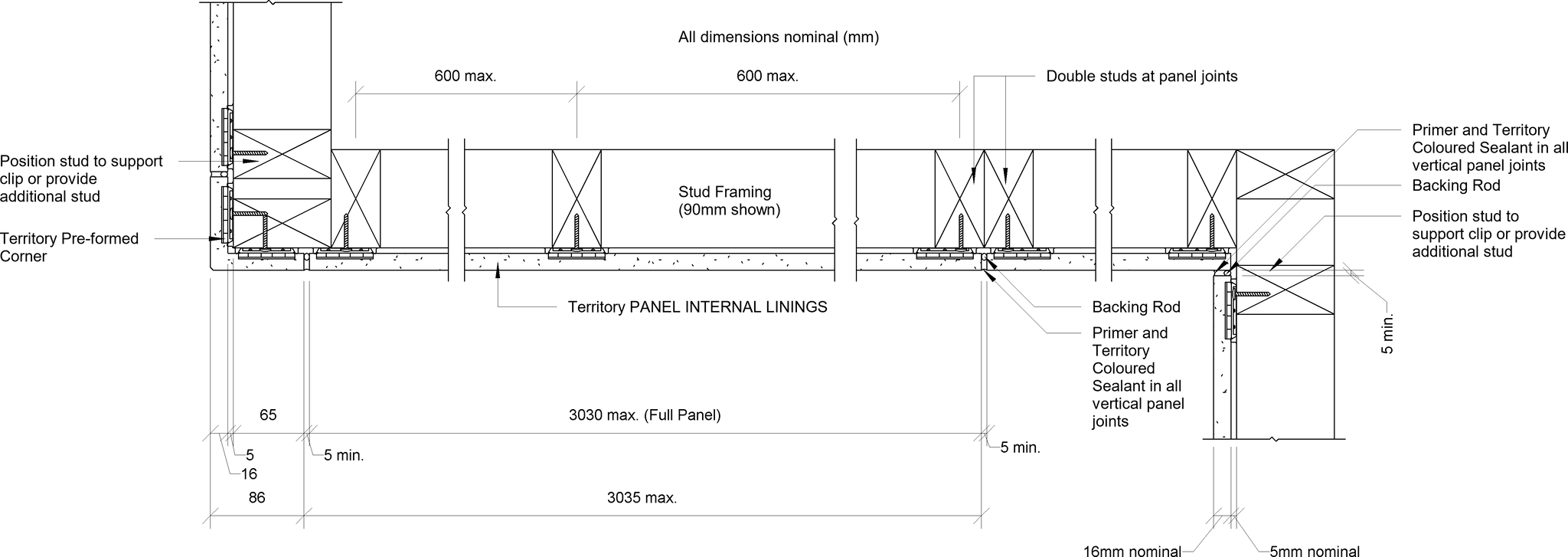 Navigate to Territory Internal - Typical Framing Set-Out with 90mm Timber or Steel Framing and Pre-formed Corner – Plan View 1