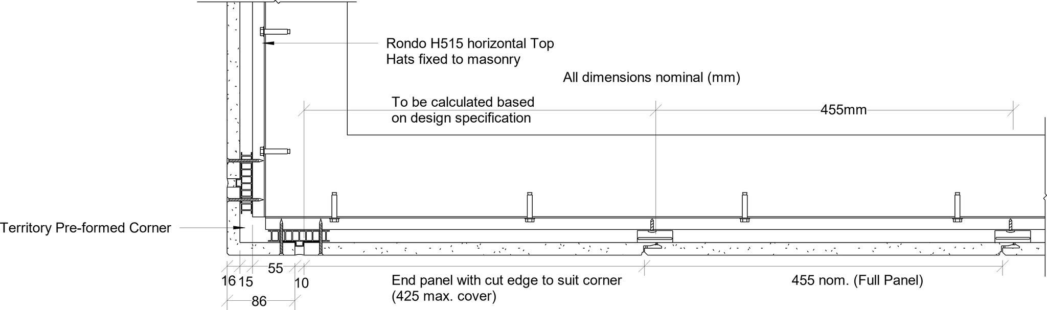 Navigate to Territory Vertical - Typical Set-Out with H515 Top Hat Framing and Territory Pre-Formed Corners – Plan View