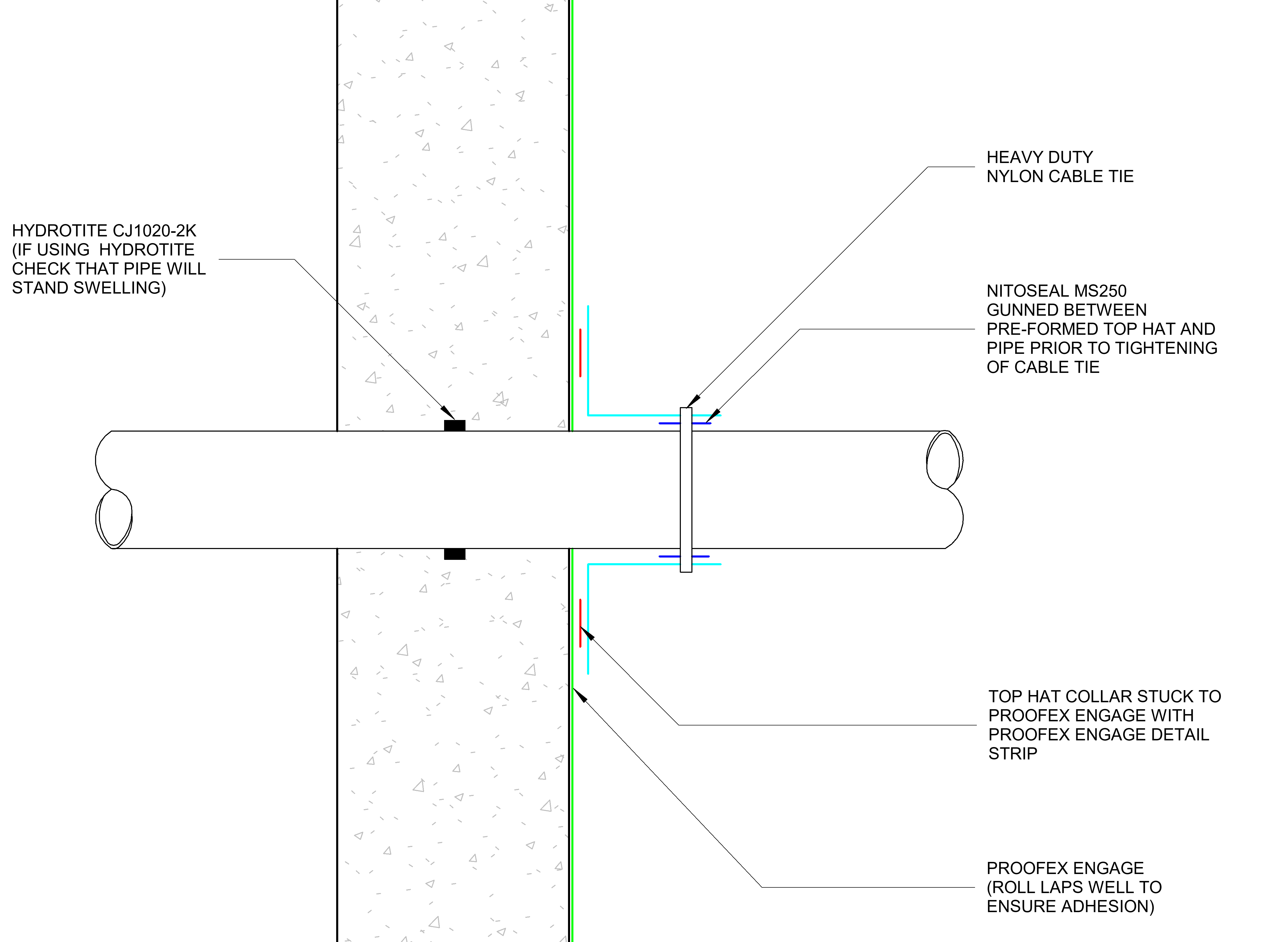 PROOFEX ENGAGE STANDARD PIPE ENTRY DETAIL - (a) TOP HAT, POST FIT