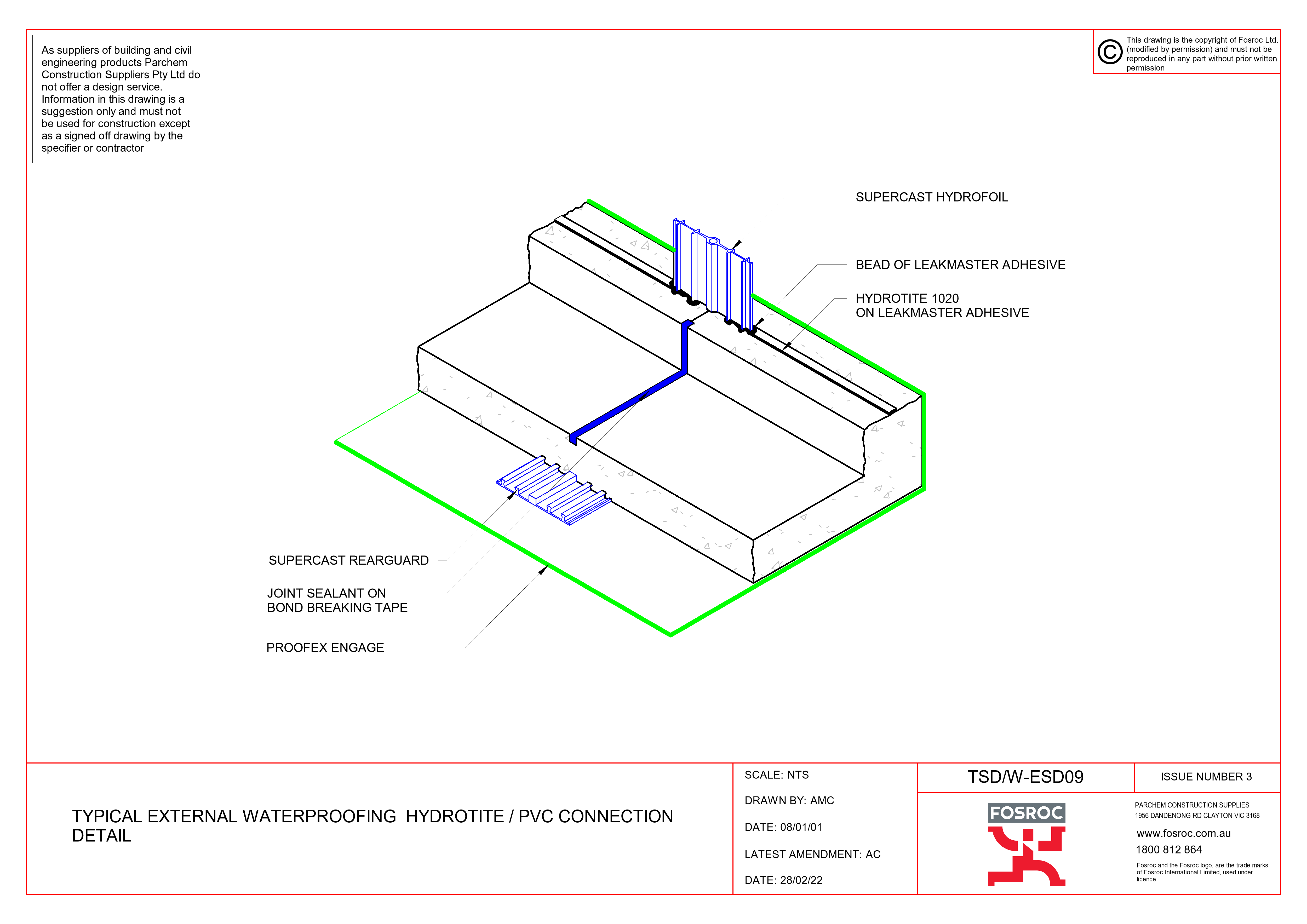 TSD-W-ESD09 - TYPICAL EXTERNAL WATERPROOFING ­ HYDROTITE - PVC CONNECTION DETAIL