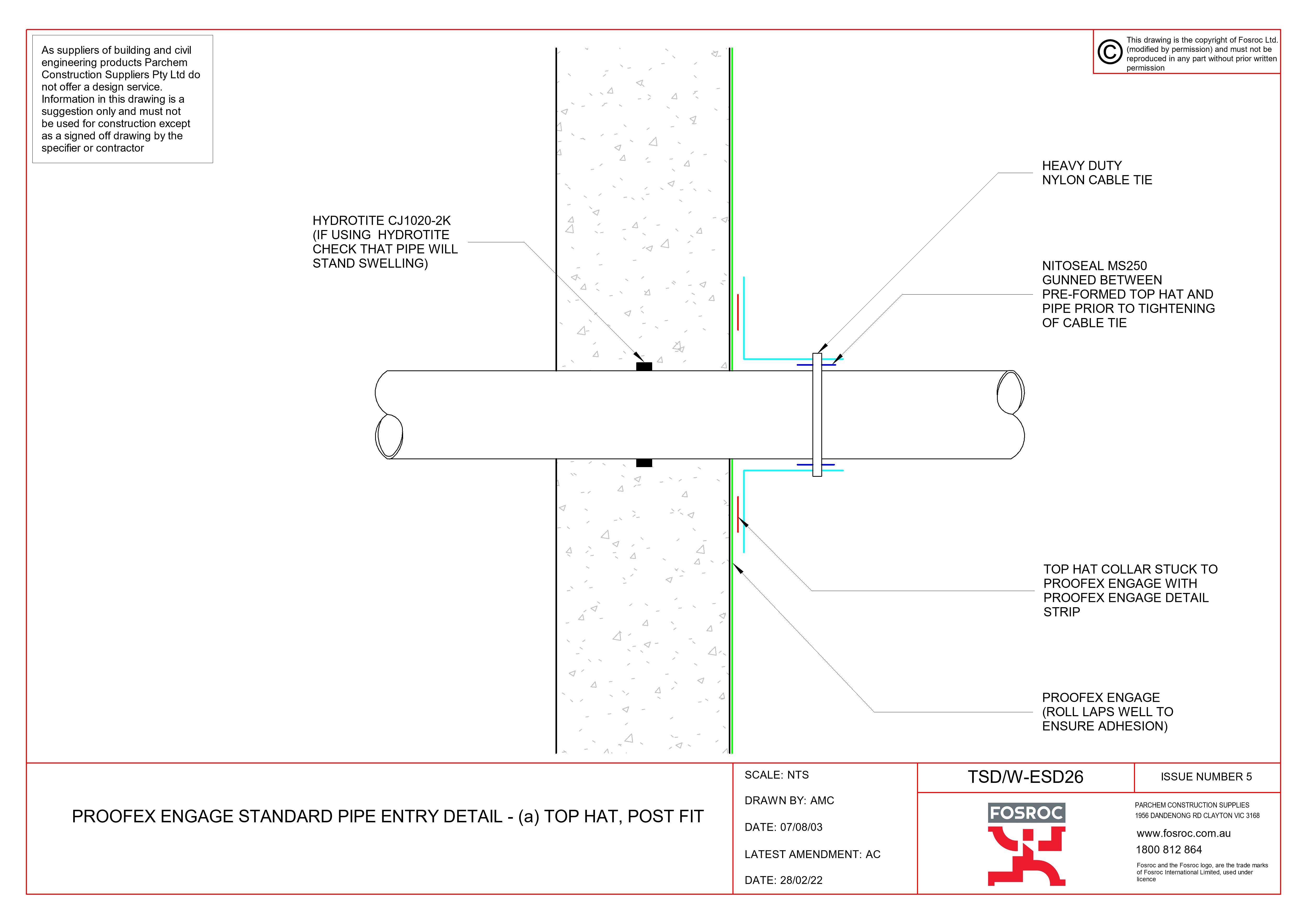 TSD-W-ESD26 - PROOFEX ENGAGE STANDARD PIPE ENTRY DETAIL - (a) TOP HAT, POST FIT