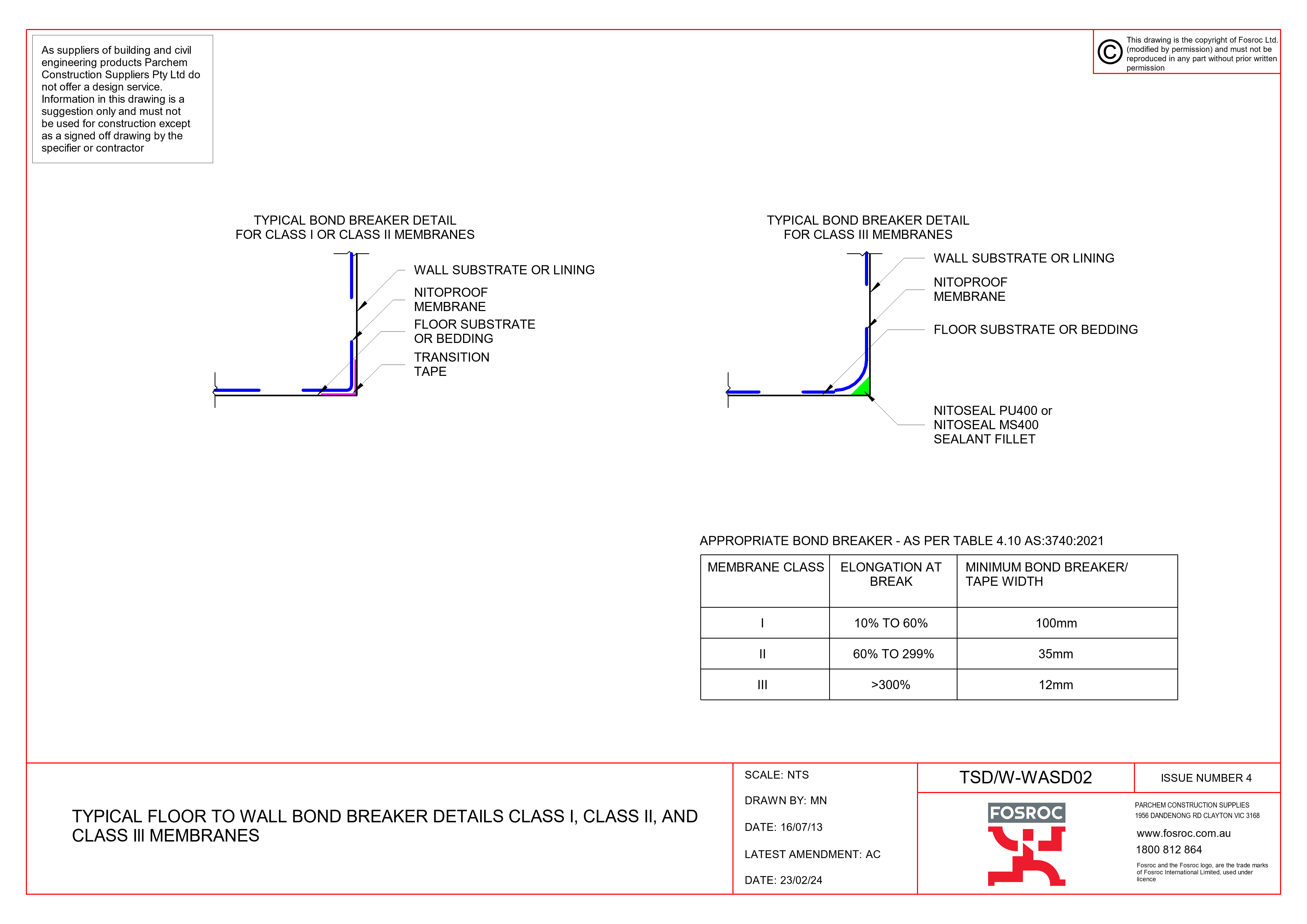 TSD-W-WASD02 - TYPICAL FLOOR TO WALL BOND BREAKER DETAILS CLASS I, CLASS II, AND CLASS Ill MEMBRANES