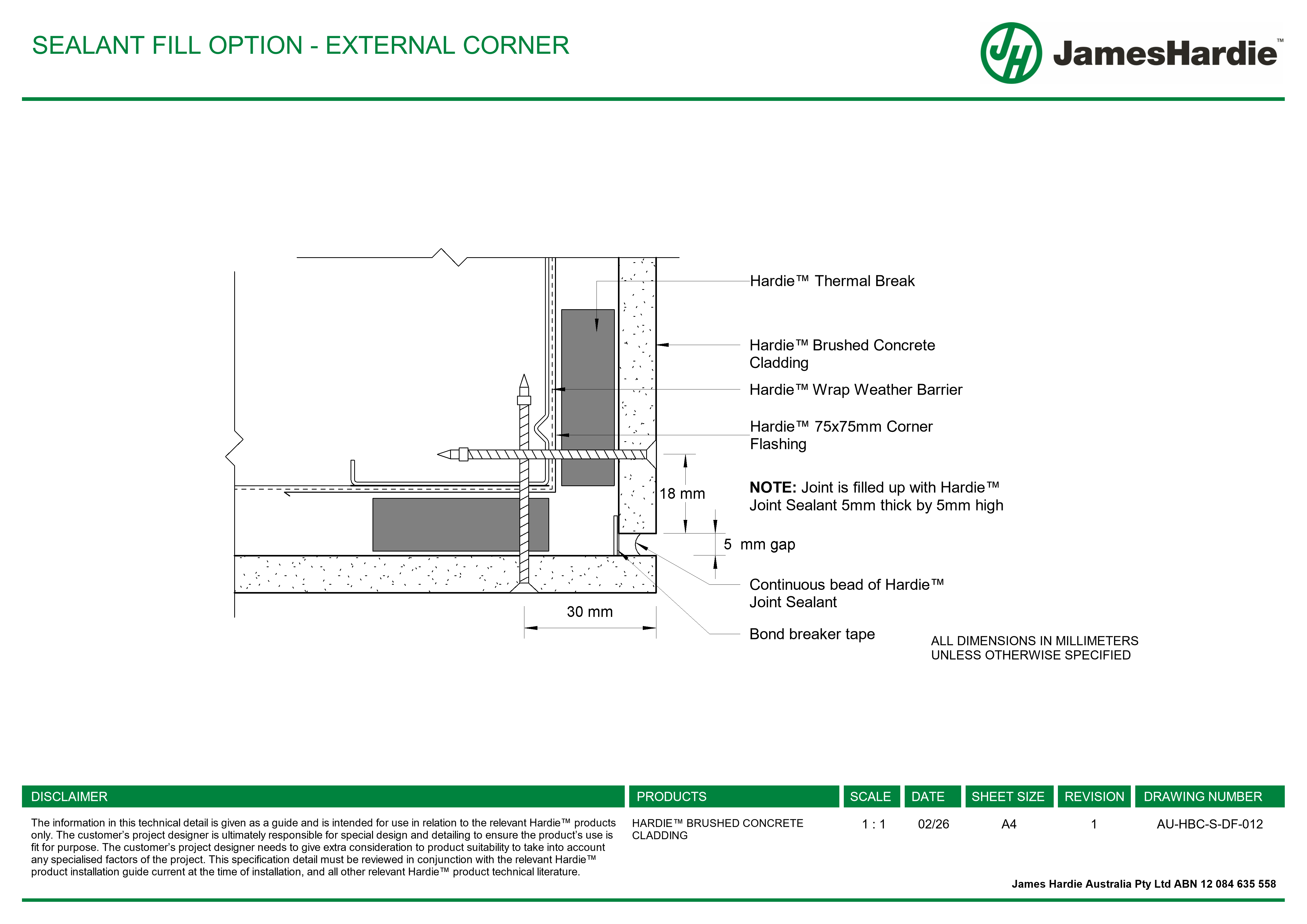 Navigate to AU-HBC-S-DF-012 - SEALANT FILL OPTION - EXTERNAL CORNER