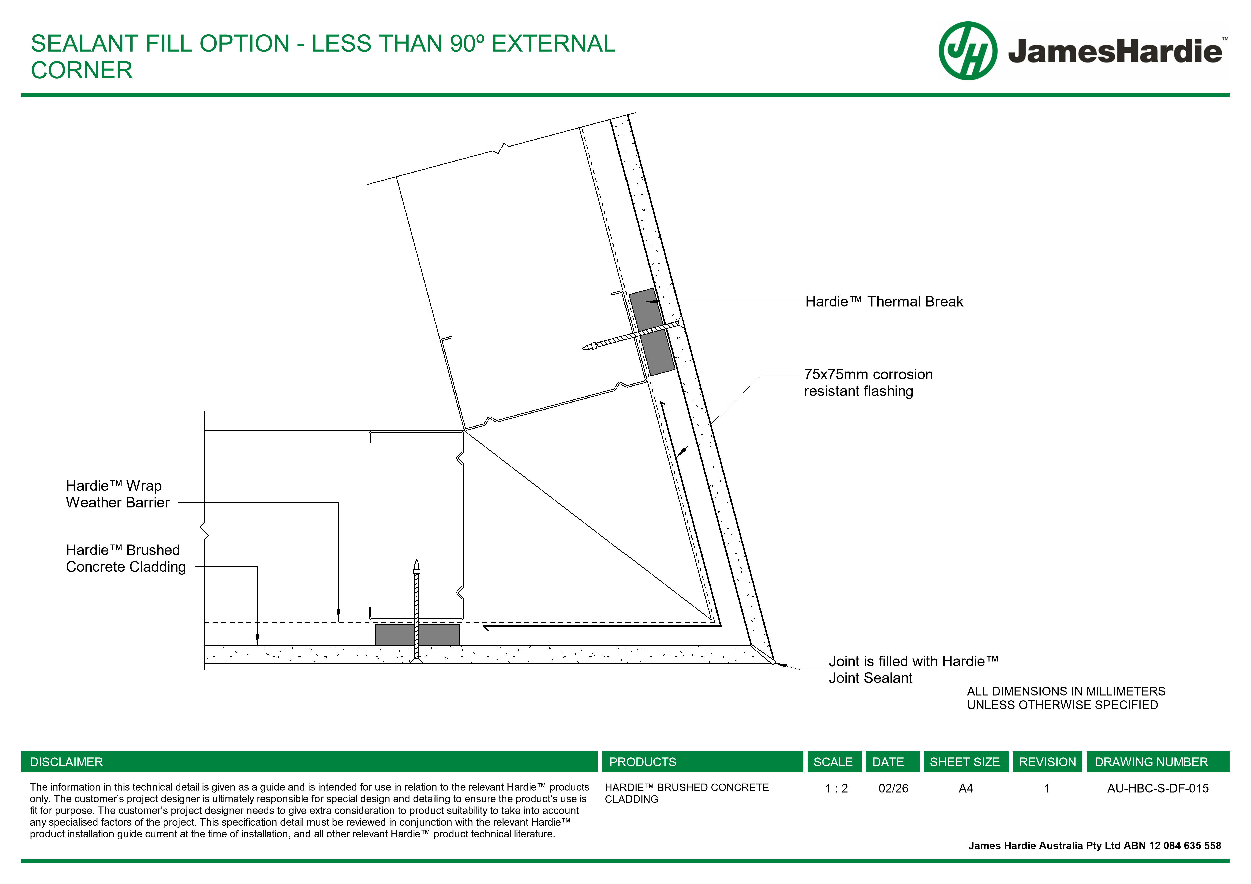 Navigate to AU-HBC-S-DF-015 - SEALANT FILL OPTION - LESS THAN 90º EXTERNAL CORNER