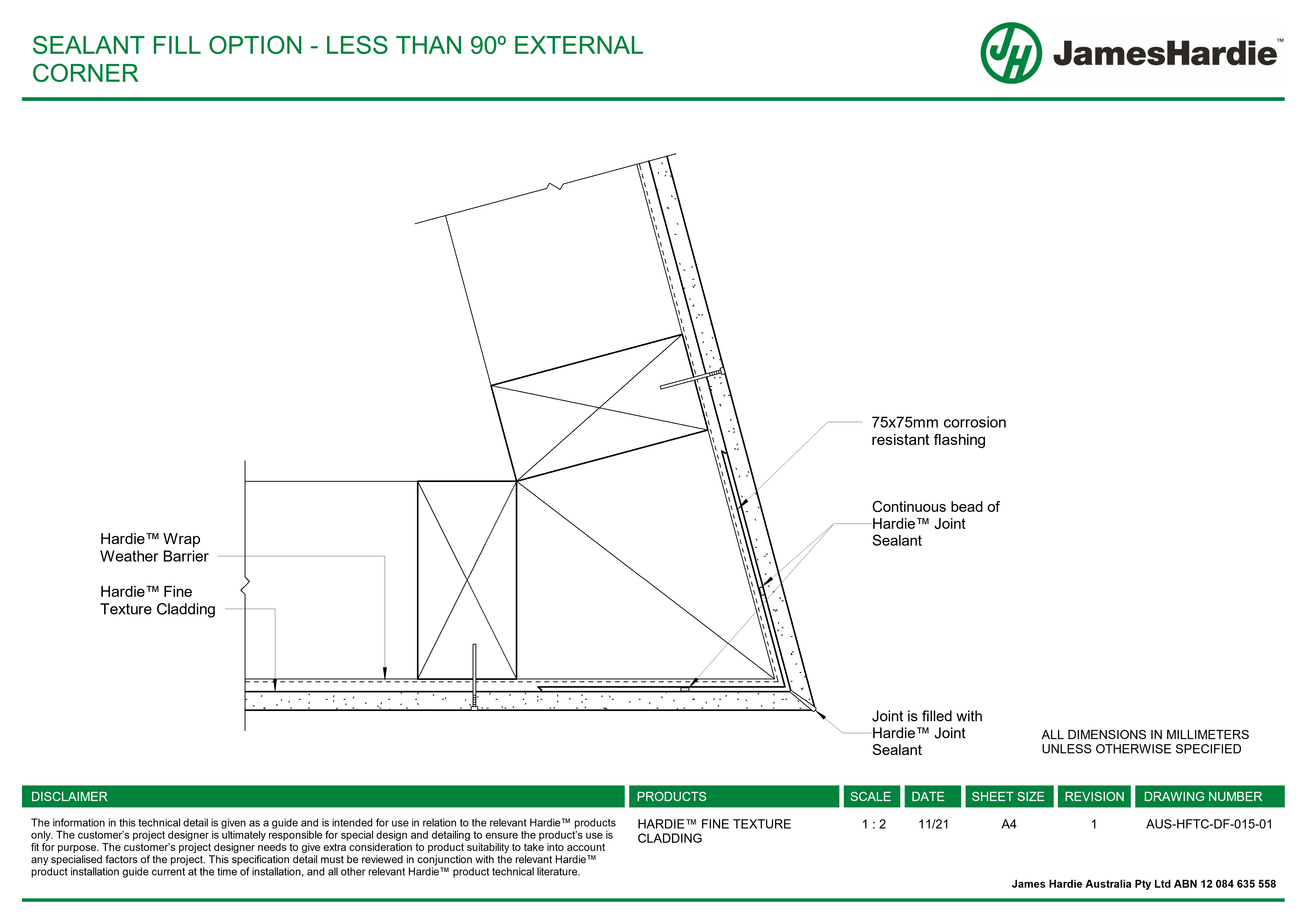 AUS-HFTC-DF-015-01 - SEALANT FILL OPTION - LESS THAN 90º EXTERNAL CORNER