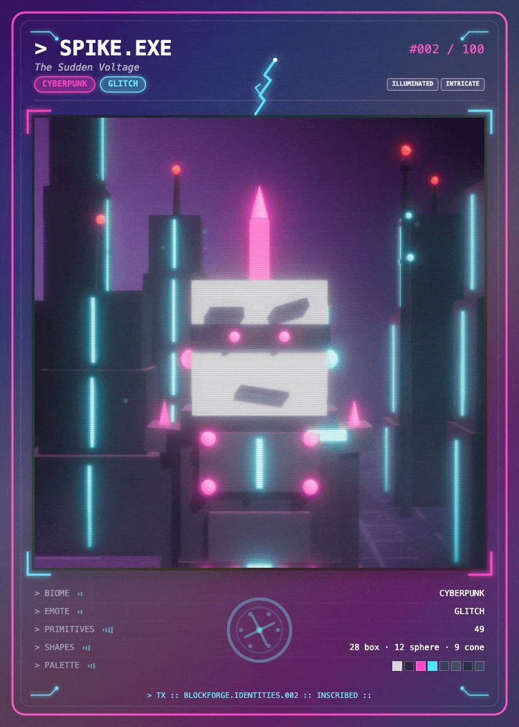 BlockForge Identities trading cards in motion