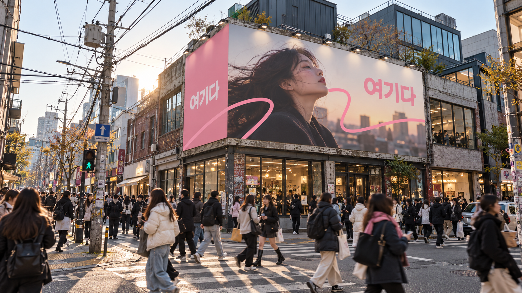 성수동 옥외광고 매체가 위치한 연무장길 거리와 현대적인 건물 외관