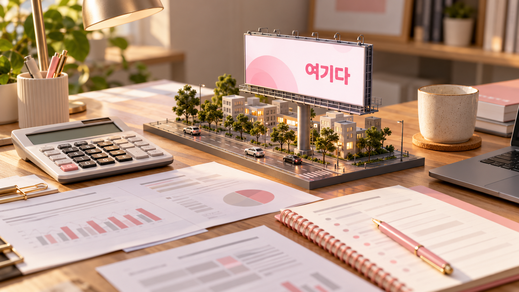 옥외광고 최소 비용 산정을 위한 계산기와 예산 노트가 차분한 분위기로 놓여 있는 책상 모습