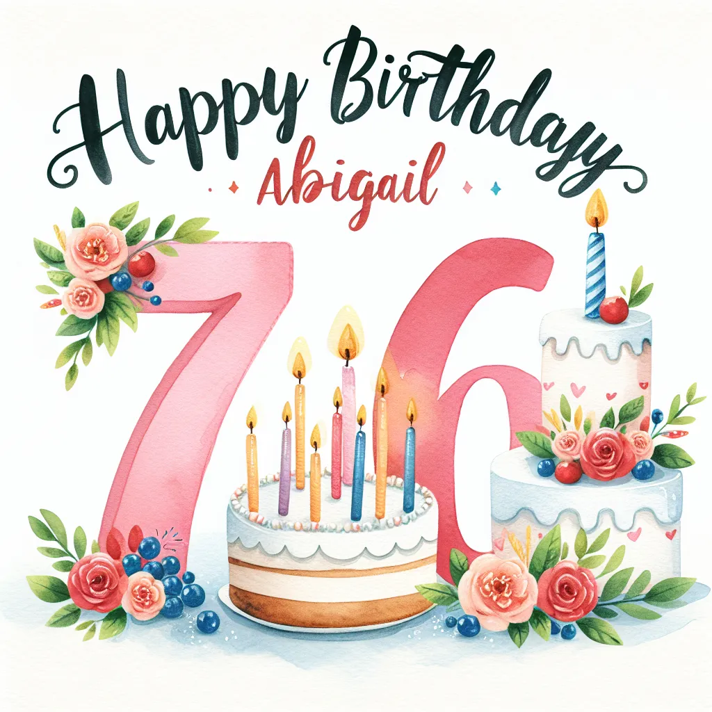 Happy 76th Birthday Abigail with Cake Watercolor Style