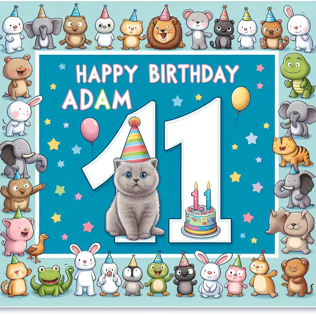 Happy 11th Birthday Adam with Cute Animals Humorous Funny Style