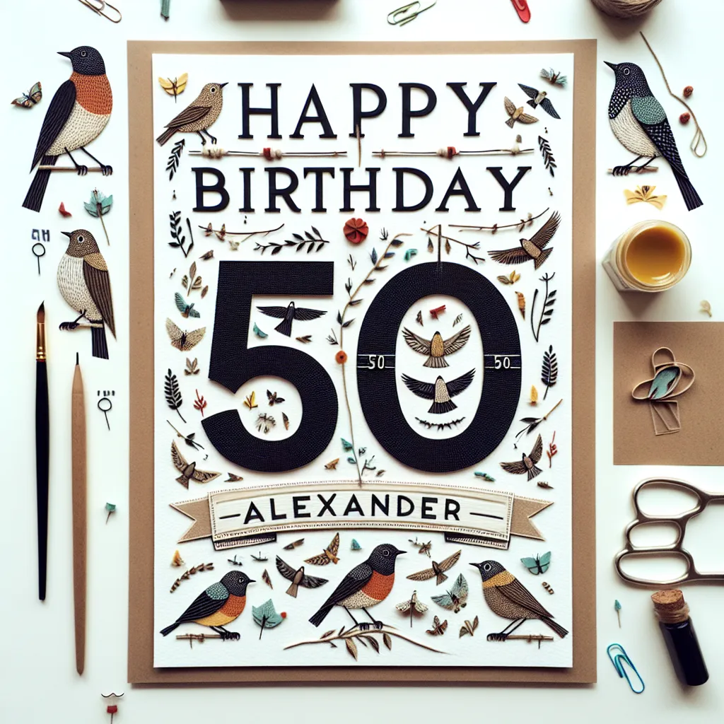 Happy 50th Birthday Alexander with Birds Handcrafted DIY Style