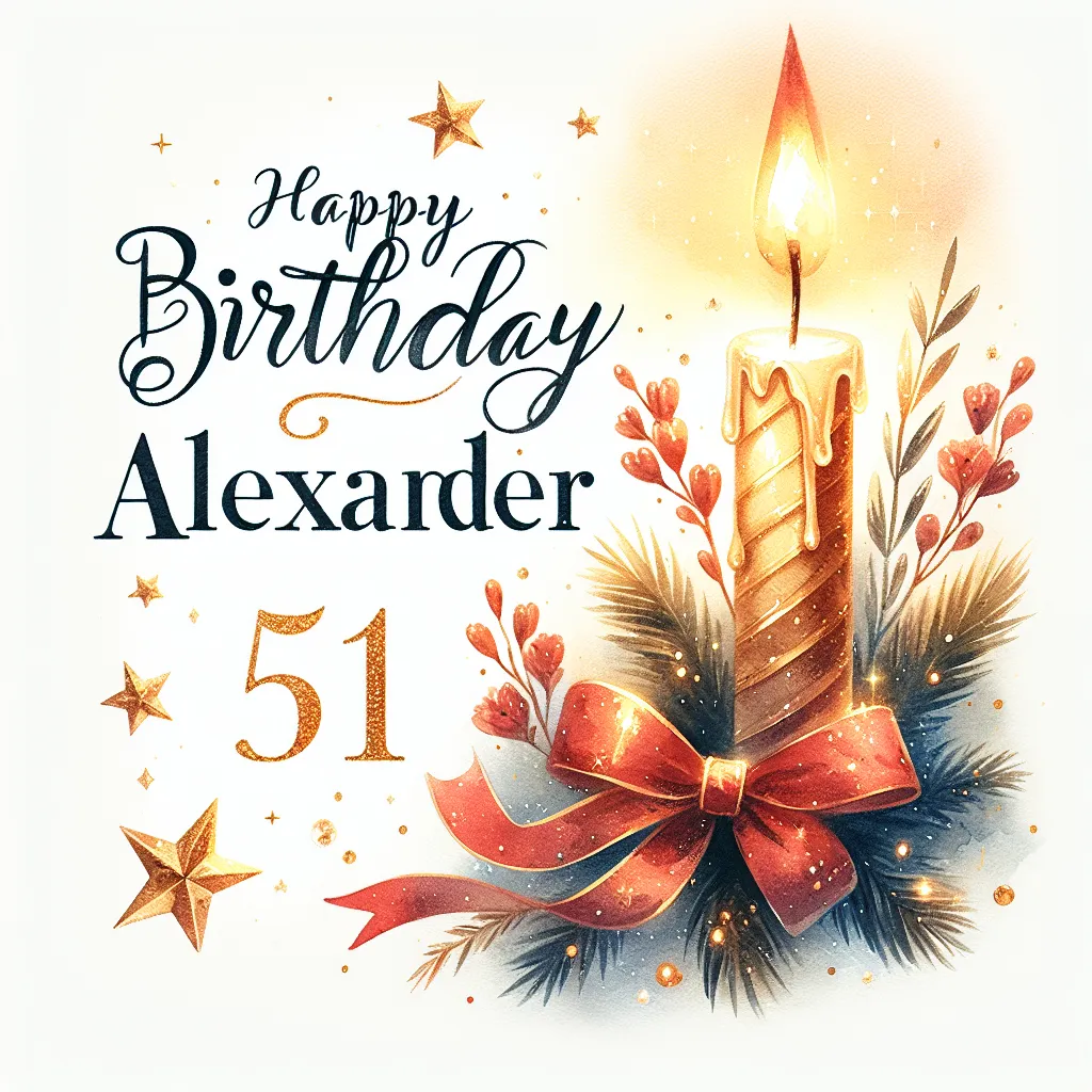 Happy 51st Birthday Alexander with Candle Watercolor Style