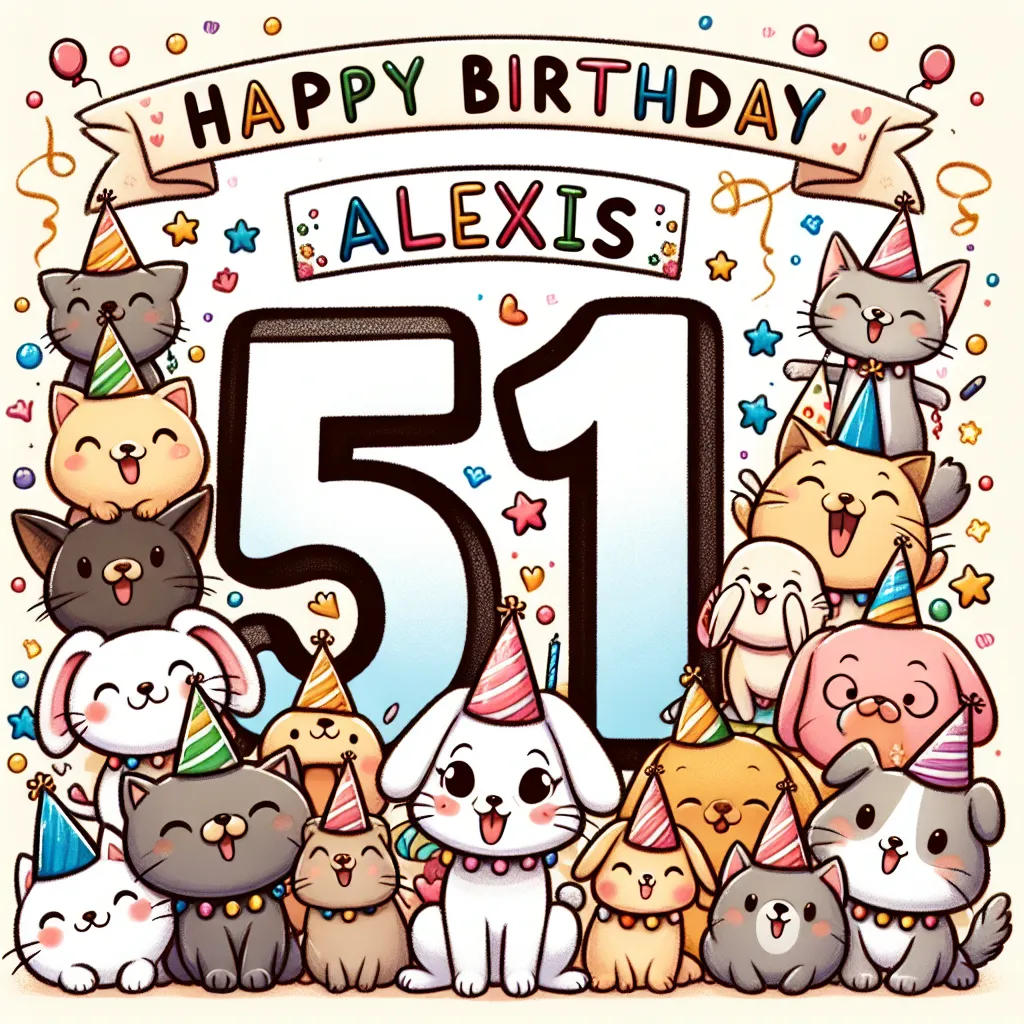 Happy 51st Birthday Alexis with Cute Animals Illustration Cartoon Style