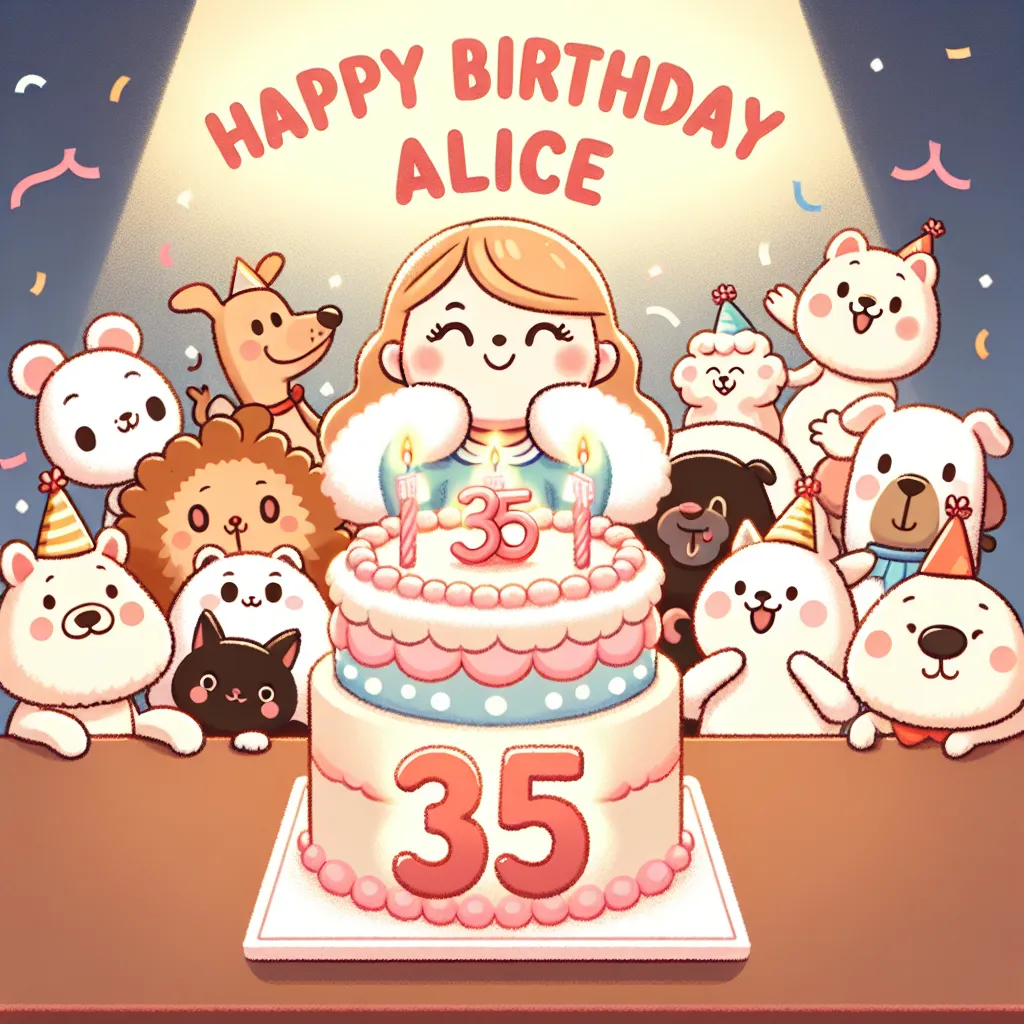 Happy 35th Birthday Alice with Cute Animals Illustration Cartoon Style