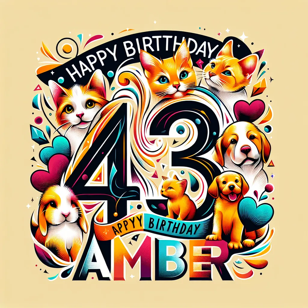 Happy 43rd Birthday Amber with Cute Animals Abstract Art Style