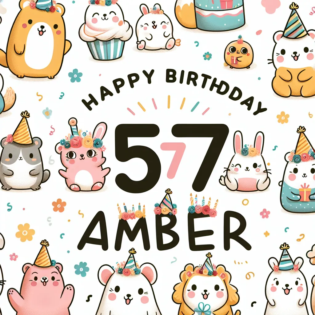 Happy 57th Birthday Amber with Cute Animals Illustration Cartoon Style