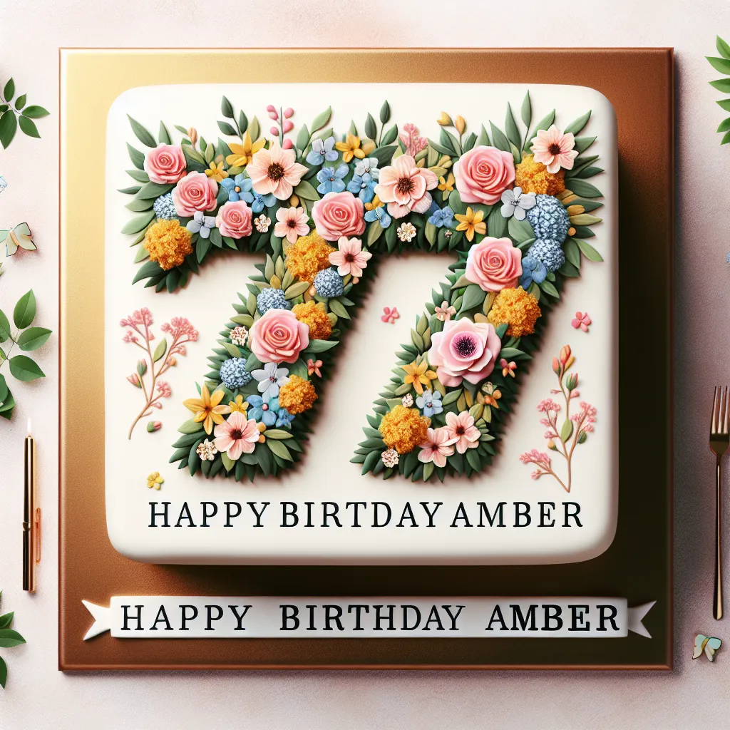 Happy 77th Birthday Amber with Cake Nature Floral Style