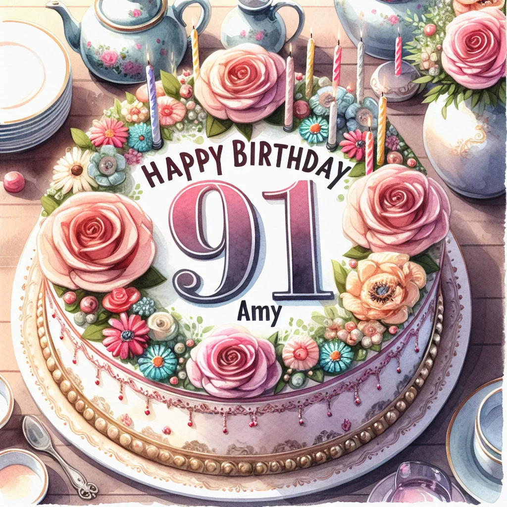 Happy 91st Birthday Amy with Cake Watercolor Style