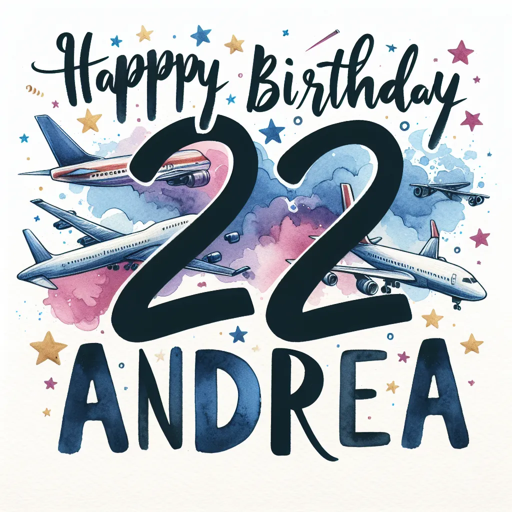 Happy 22nd Birthday Andrea with Airplanes Watercolor Style
