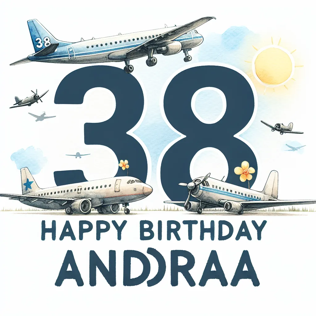 Happy 38th Birthday Andrea with Airplanes Watercolor Style