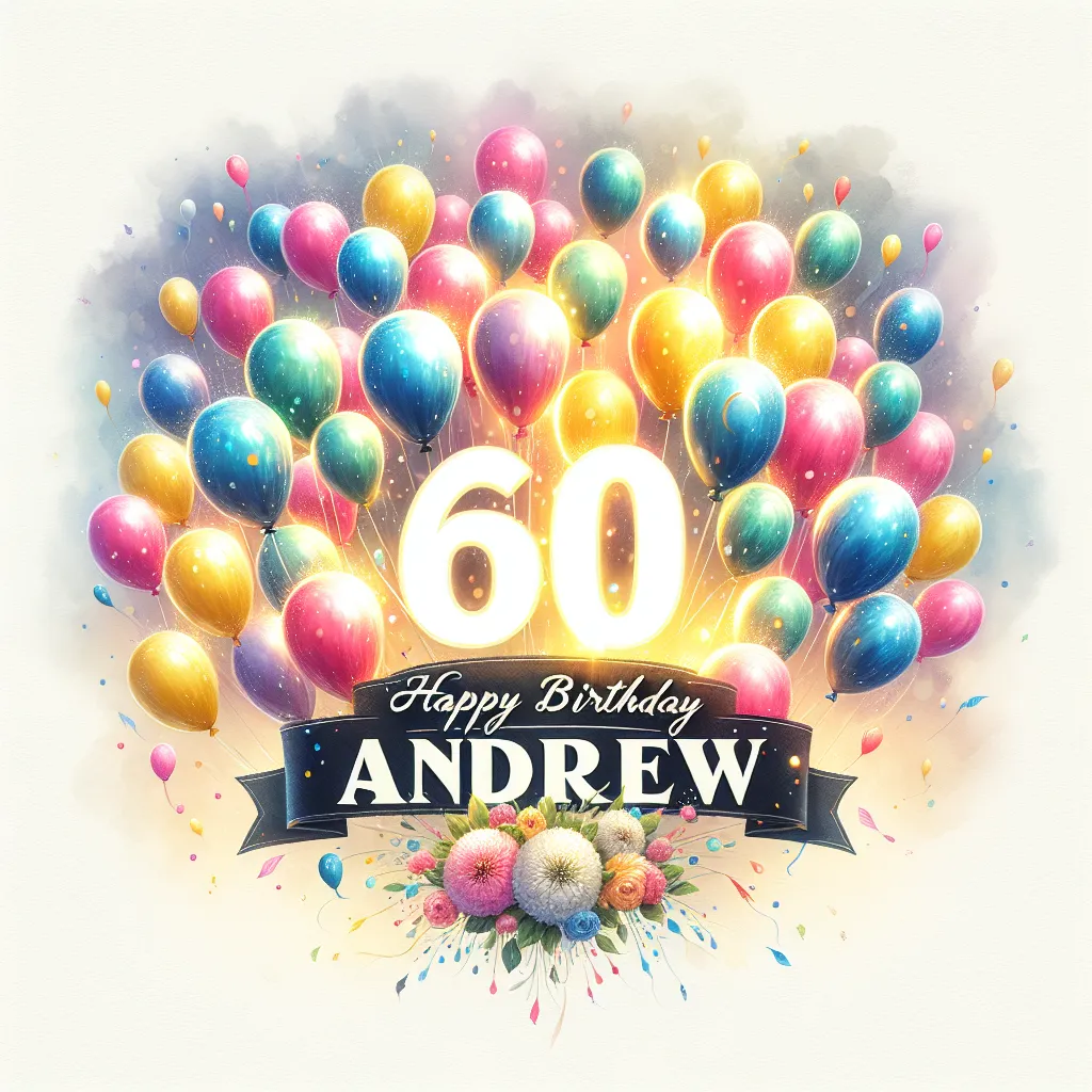 Happy 60th Birthday Andrew with Balloon Watercolor Style