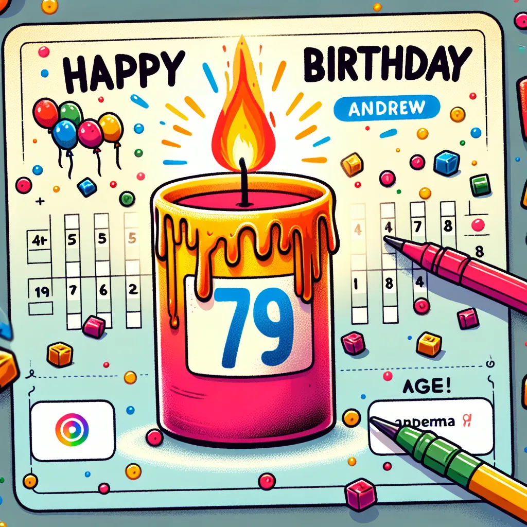 Happy 79th Birthday Andrew with Candle Illustration Cartoon Style