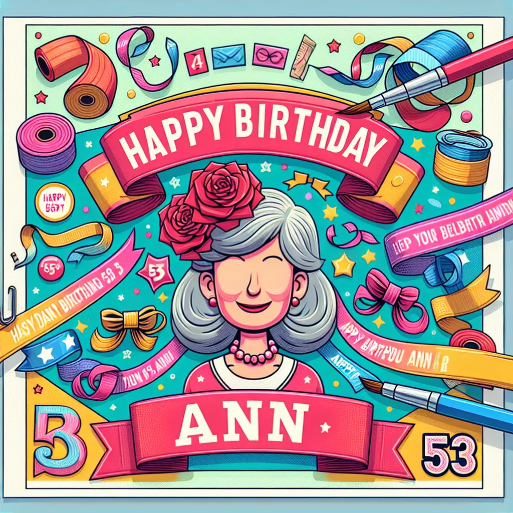 Happy 53rd Birthday Ann with Ribbon Illustration Cartoon Style