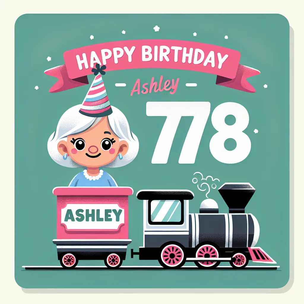 Happy 78th Birthday Ashley with Train Illustration Cartoon Style