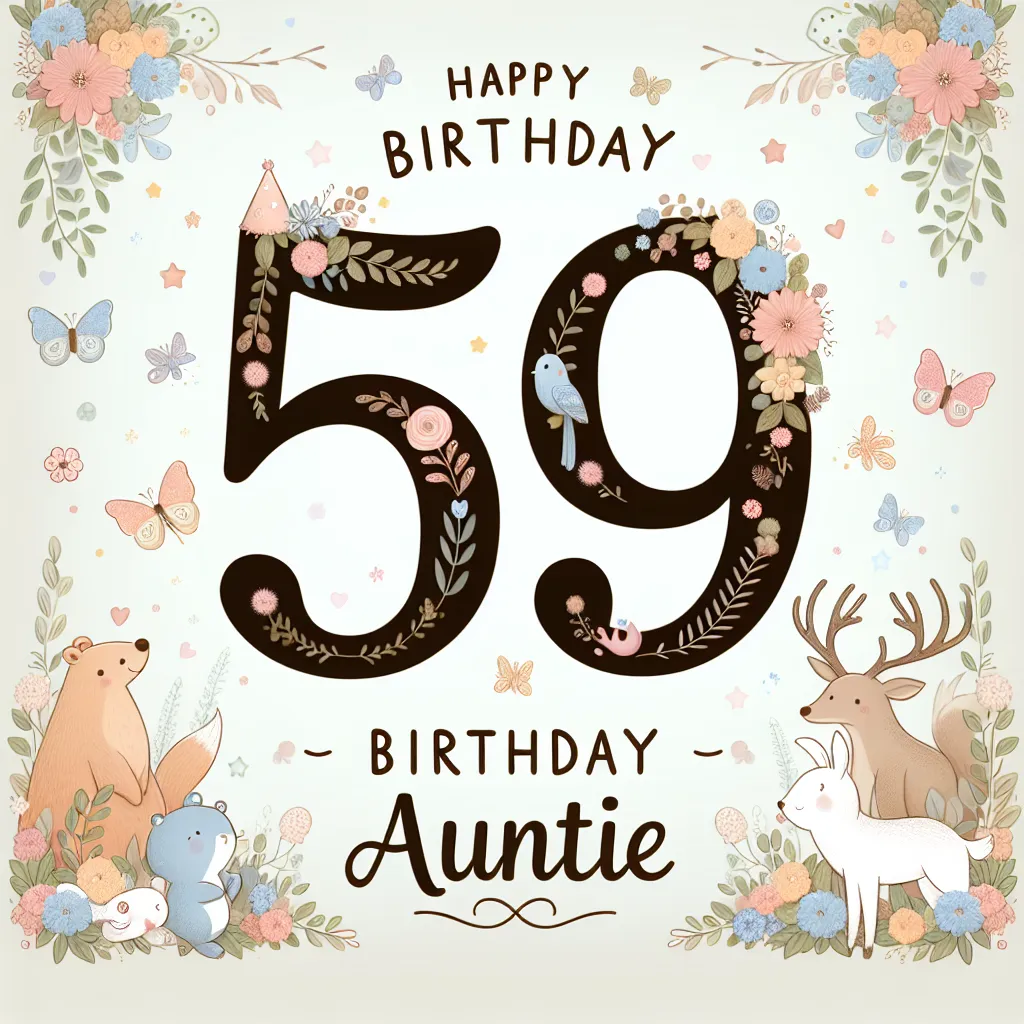 Happy 59th Birthday Auntie with Cute Animals Nature Floral Style