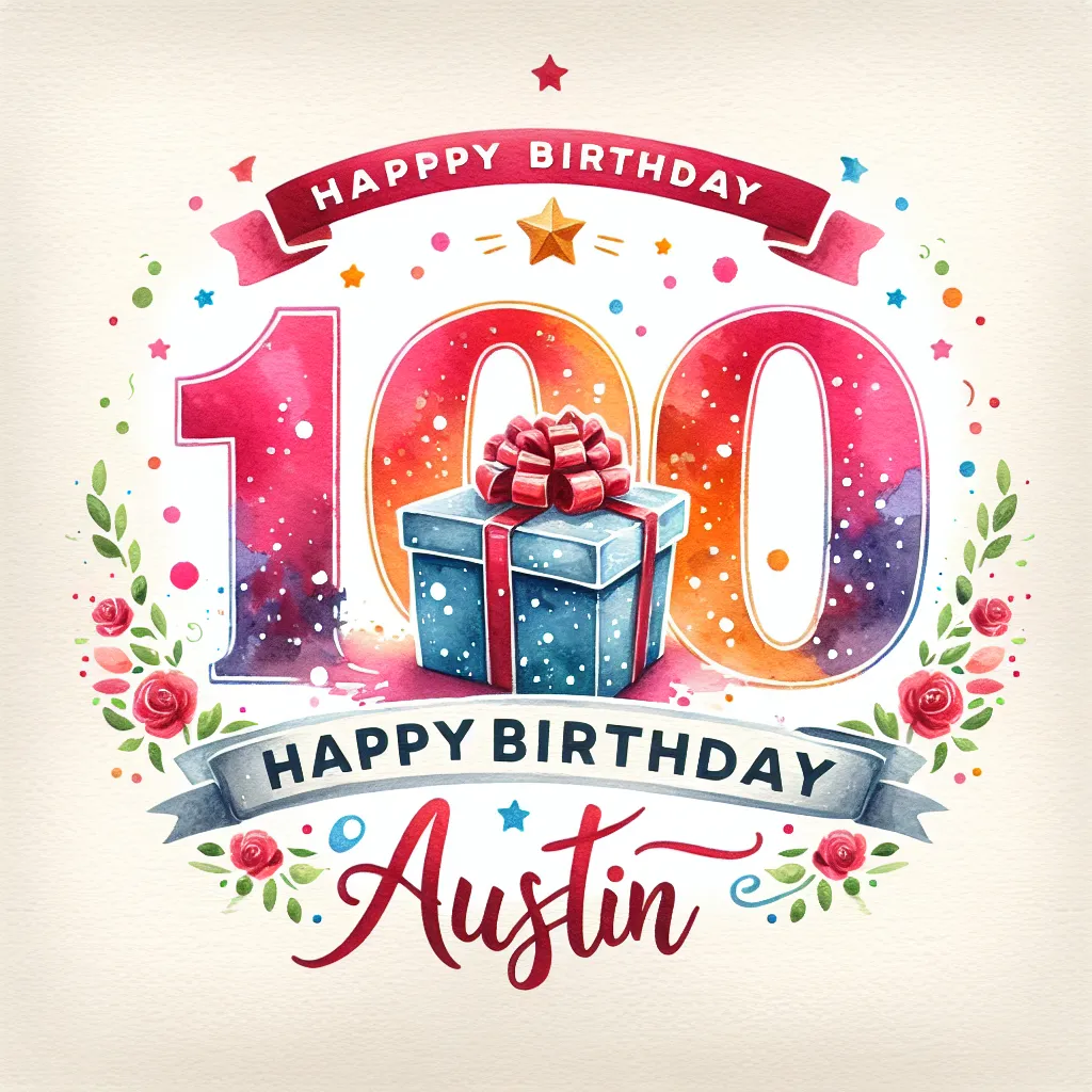 Happy 100th Birthday Austin with Gift Watercolor Style