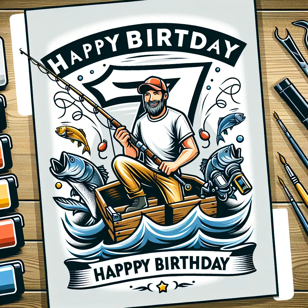 Happy 7th Birthday Austin with Fisherman Illustration Cartoon Style