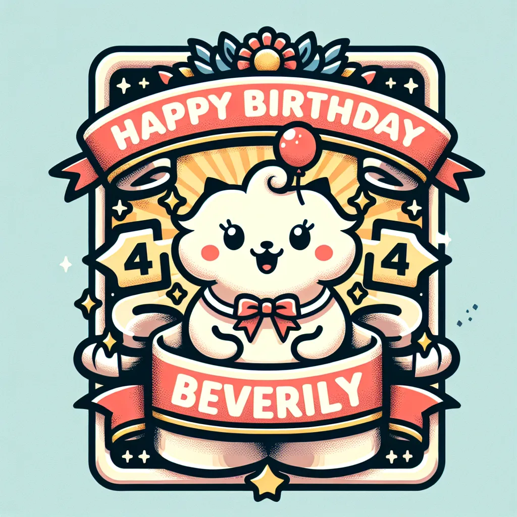 Happy 44th Birthday Beverly with Ribbon Illustration Cartoon Style