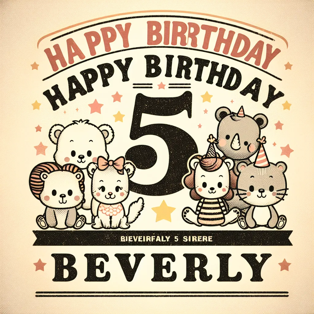 Happy 5th Birthday Beverly with Cute Animals Vintage Nostalgic Style