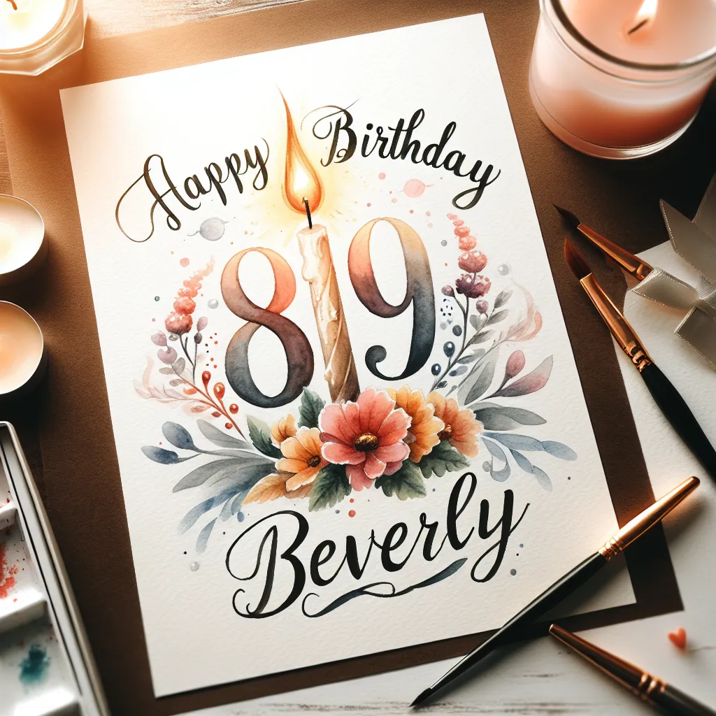 Happy 89th Birthday Beverly with Candle Watercolor Style