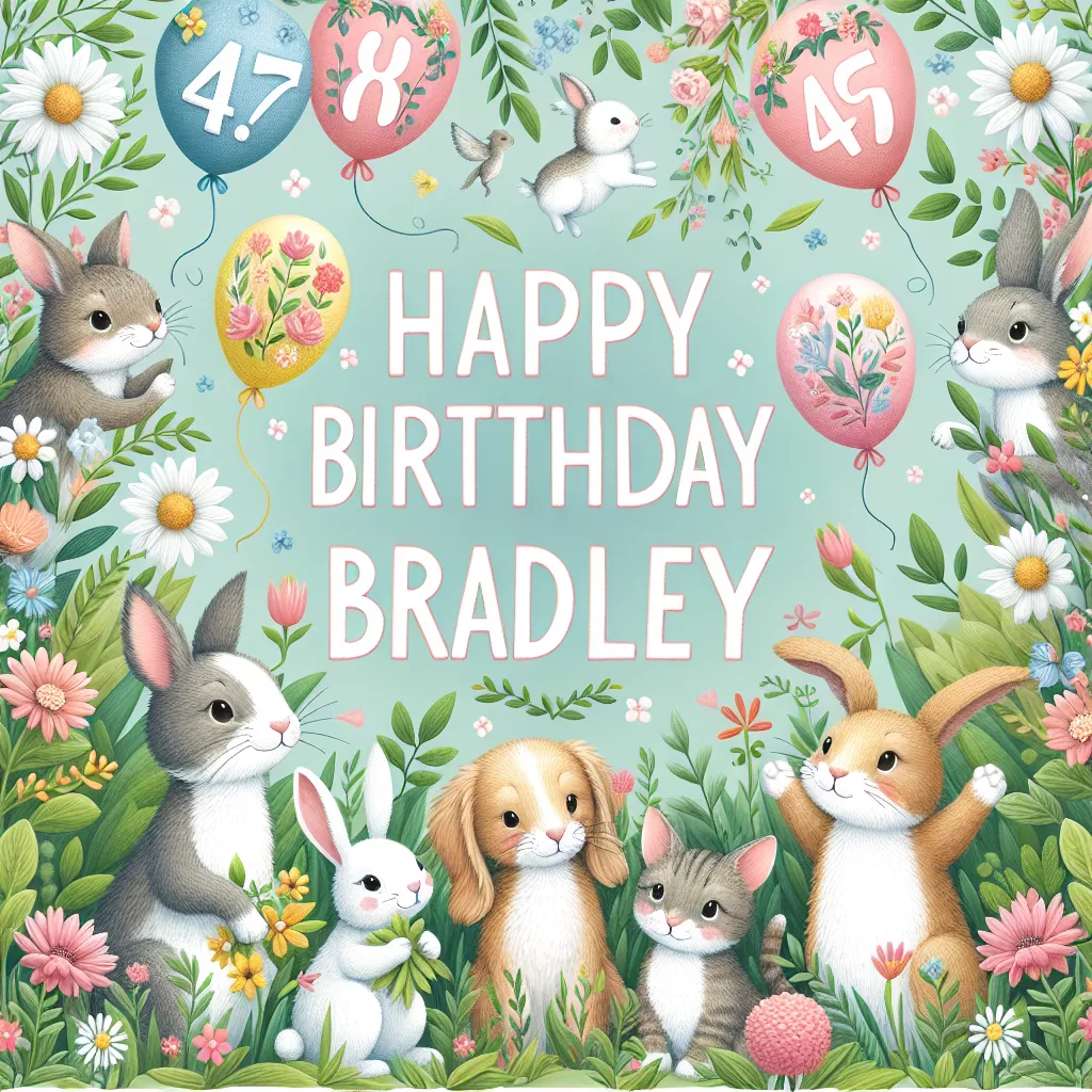 Happy 47th Birthday Bradley with Cute Animals Nature Floral Style