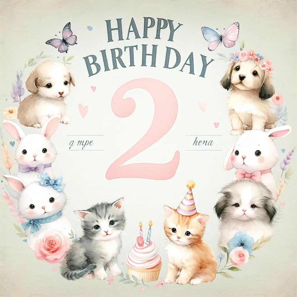 Happy 2nd Birthday Bruce with Cute Animals Watercolor Style