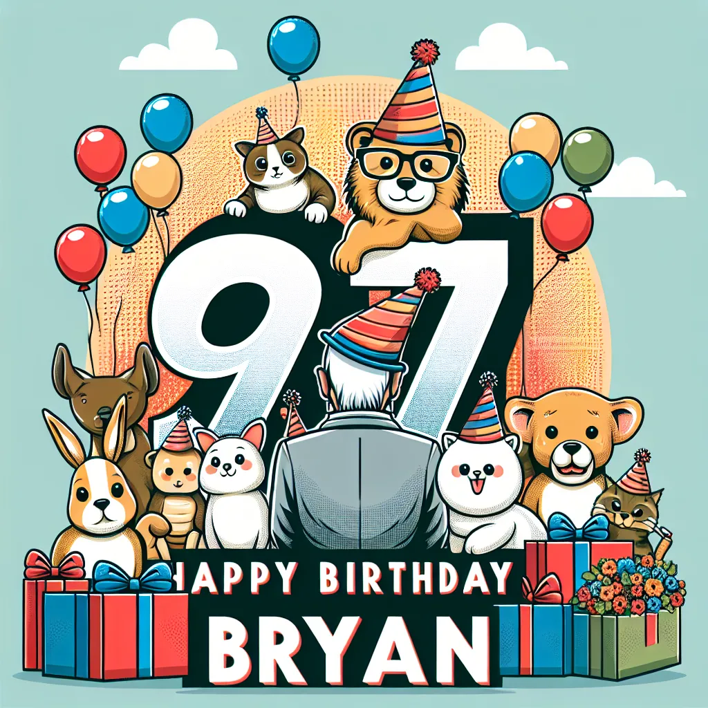 Happy 97th Birthday Bryan with Cute Animals Pop Art Style