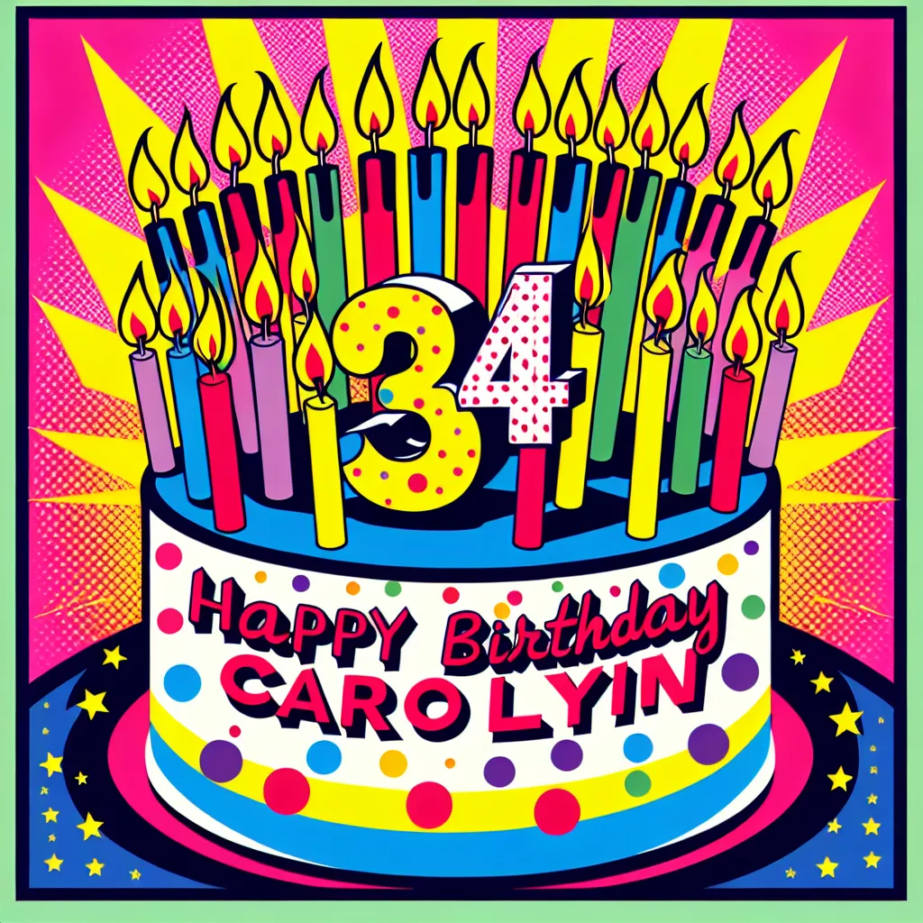Happy 34th Birthday Carolyn with Candle Pop Art Style
