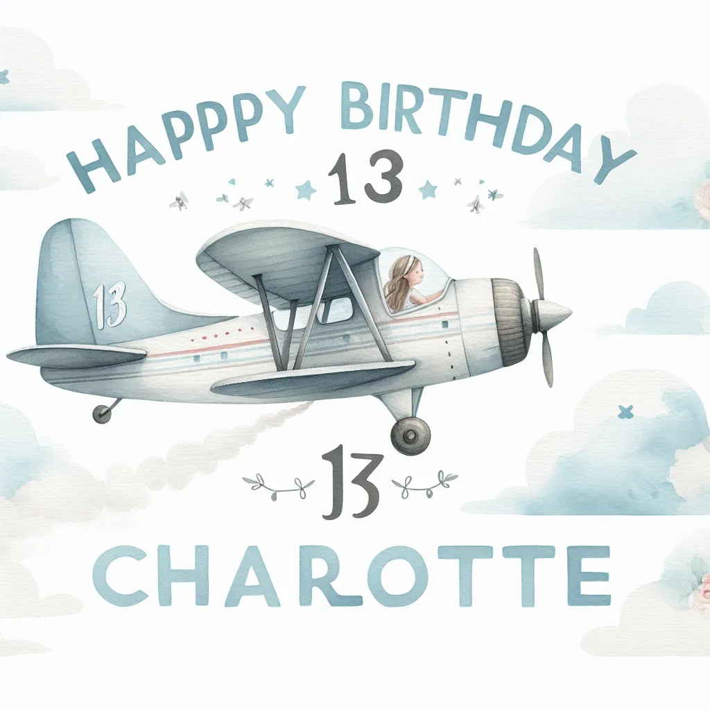 Happy 13th Birthday Charlotte with Airplanes Watercolor Style