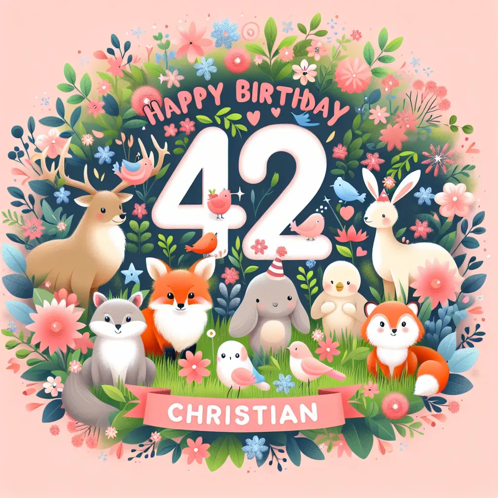 Happy 42nd Birthday Christian with Cute Animals Nature Floral Style