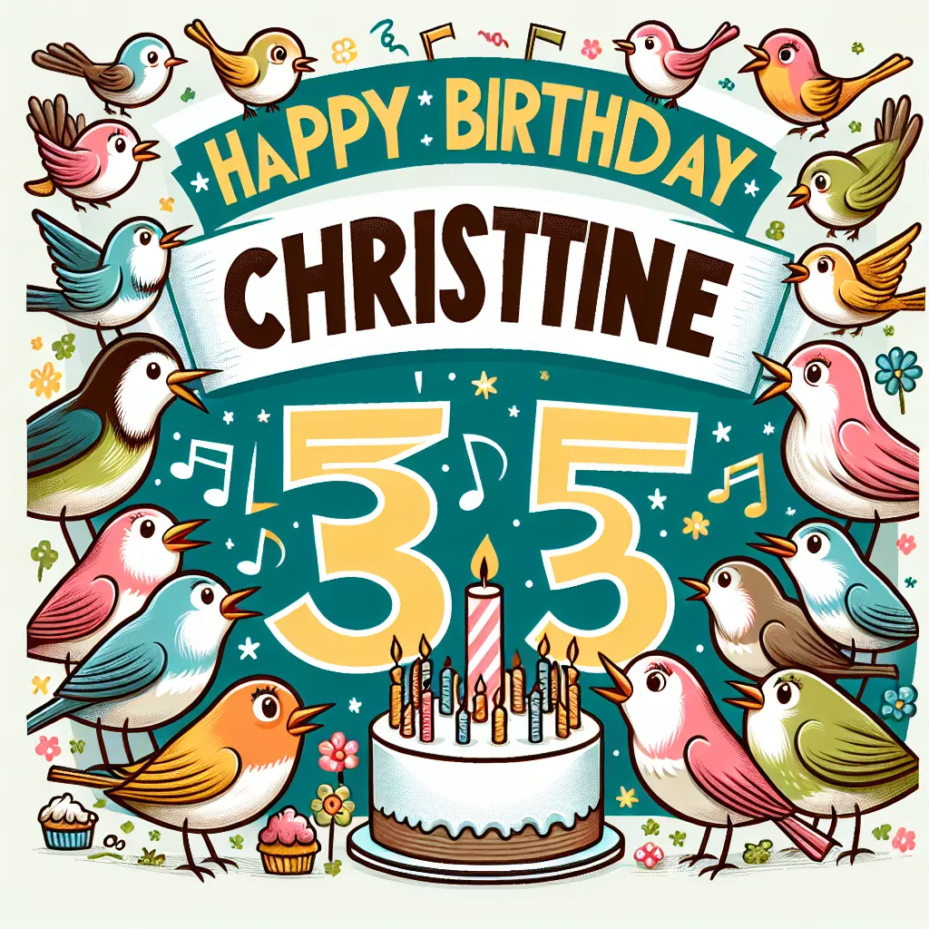 Happy 35th Birthday Christine with Birds Illustration Cartoon Style