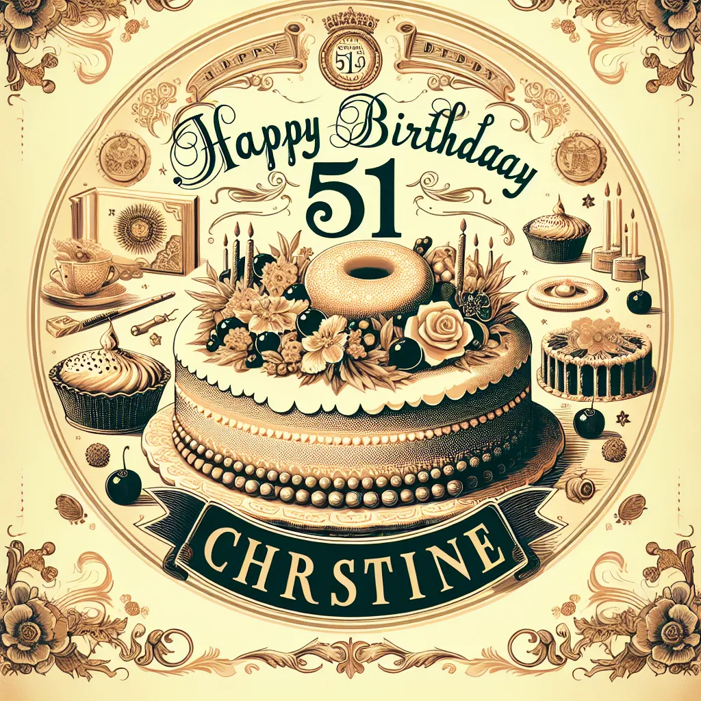 Happy 51st Birthday Christine with Cake Vintage Nostalgic Style